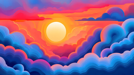 Fototapeta premium Dramatic abstract illustration of a heavenly sky at sunset above the clouds filled with vibrant colors and ethereal shapes that convey a sense of hope and divinity. Abstract Deities. Illustration