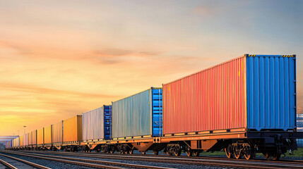 Obraz premium Colorful Cargo Train At Sunset
