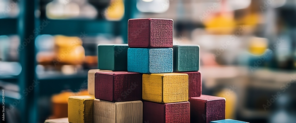 Poster a vibrantly stacked collection of colorful wooden blocks creating a playful childhood scene : genera