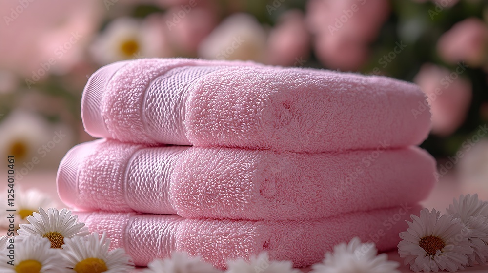 Poster neatly arranged soft pink towels with daisies on a delicate floral background : generative ai