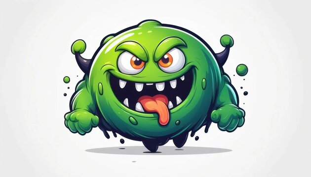 cartoonish blob monster mascot logo with bouncing illustration on a white background