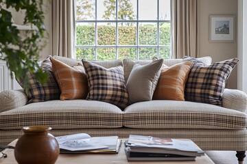 Fototapeta premium Cozy Autumn Plaid Sofa Throw Pillows Home Decor Comfortable Living Room Interior Design Farmhouse Style Textured Fabric Neutral Tones Brown Beige 