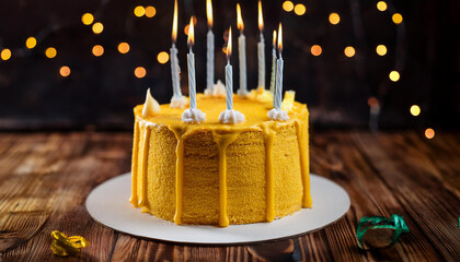 cake festive yellow with burning candles on easy history