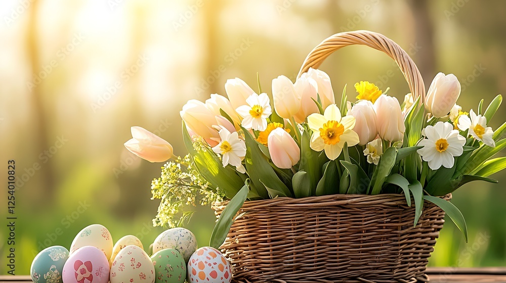 Poster springtime floral basket with colorful eggs set against a soft natural background : generative ai