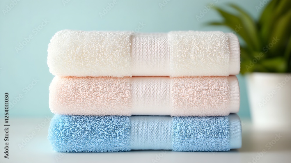 Poster Three Soft Towels in Pastel Colors for a Refreshing and Clean Bathroom Setting : Generative AI