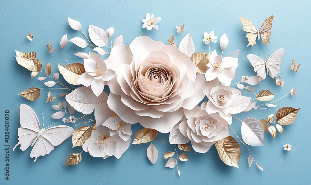 Poster charming paper flower display featuring elegant roses and butterflies set against a soft blue backdr