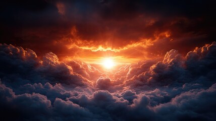 Fototapeta premium Dramatic sunset above fluffy clouds, fiery orange and dark sky