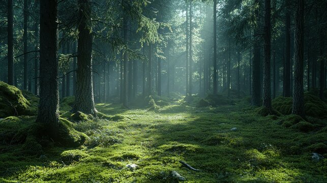 Sunbeams in mossy forest; nature background