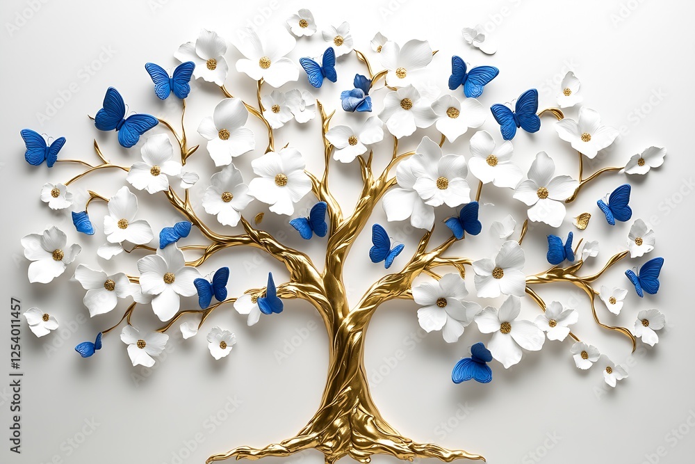 Poster artistic display of a tree adorned with white flowers and vibrant blue butterflies showcasing crafts