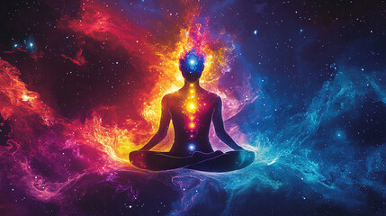 A glowing silhouette of a meditating person, each chakra illuminated in radiant colors. The figure is surrounded by flowing energy waves