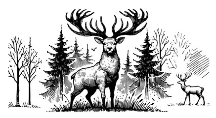 vector forest deer black and white engraving illustration
