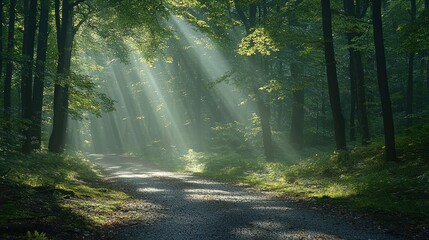 Obraz premium Sunbeams in misty forest path; nature background