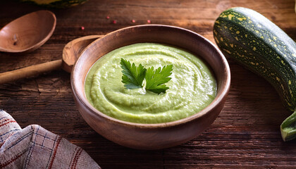 zucchini cream in bowl on wooden desk and rustic heritage