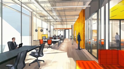 An artistic perspective of an interior designer creating innovative workspace layouts for a tech startup office renovation, Office renovation scene, Creative workspace style