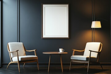 Dark room, two chairs, coffee table, blank frame, city view