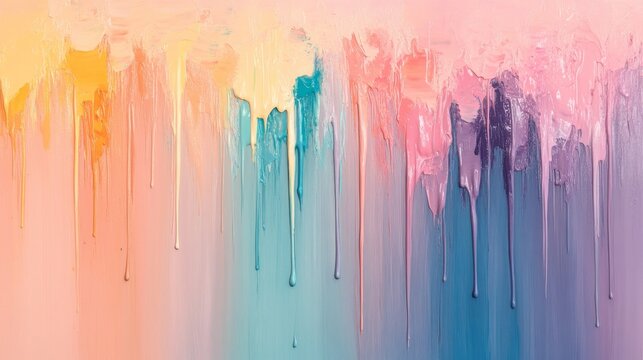 Abstract painting featuring a spectrum of dripping pastel colored paint