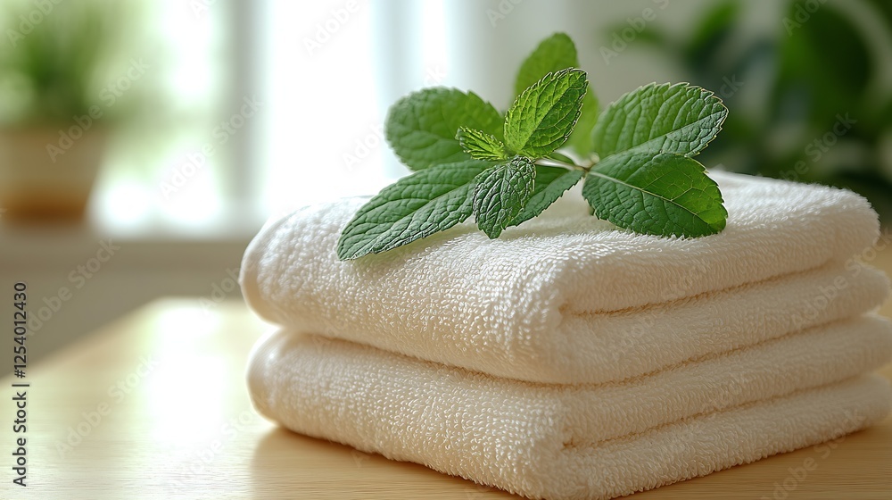 Poster serene arrangement of plush towels topped with vibrant mint leaves in a soothing spa setting : gener