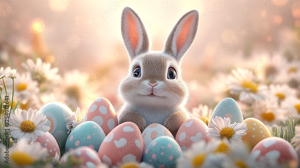 Aufkleber Charming rabbit surrounded by colorful Easter eggs in a field of daisies radiating spring joy : Generative AI