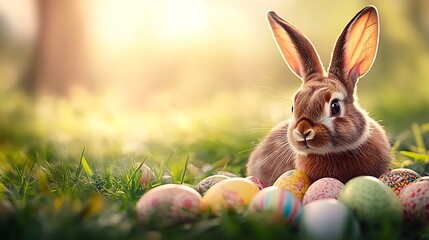 Charming rabbit lying among vibrant Easter eggs in a serene garden setting : Generative AI