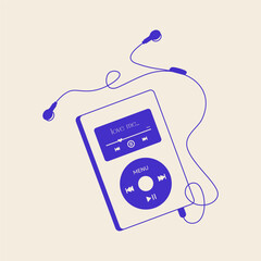 MP3 player. Portable music player with headphones cartoon style, retro device, audio technology for listening songs flat digital graphic. Vector isolated illustration