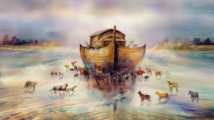 noe's ark during the universal flood or just after the flood is over, light watercolor style painting
