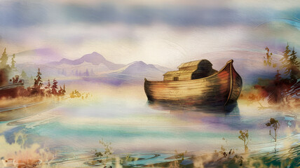 noe's ark during the universal flood or just after the flood is over, light watercolor style painting
