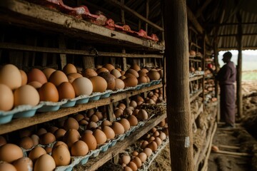Farmers gather fresh eggs from chicken coop showcasing farm-to-table process in rural setting © Dream maker