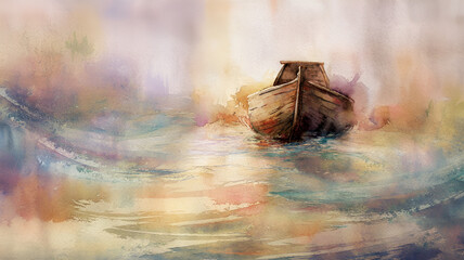 noe's ark during the universal flood or just after the flood is over, light watercolor style painting
