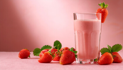 glass of strawberry smoothie on pink heritage