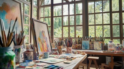 An artist's studio filled with colorful paints, brushes, and canvases