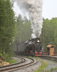 Fototapeta premium Steam train is traveling down the tracks, leaving a trail of smoke in its wake