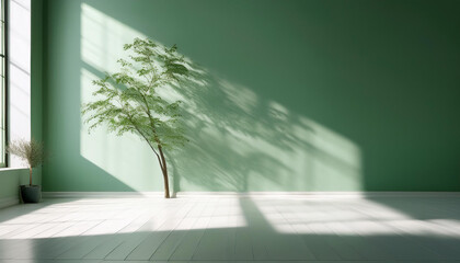 tree shadows on white floor and mild green history minimalistic wallpaper for product presentation in an empty mockup