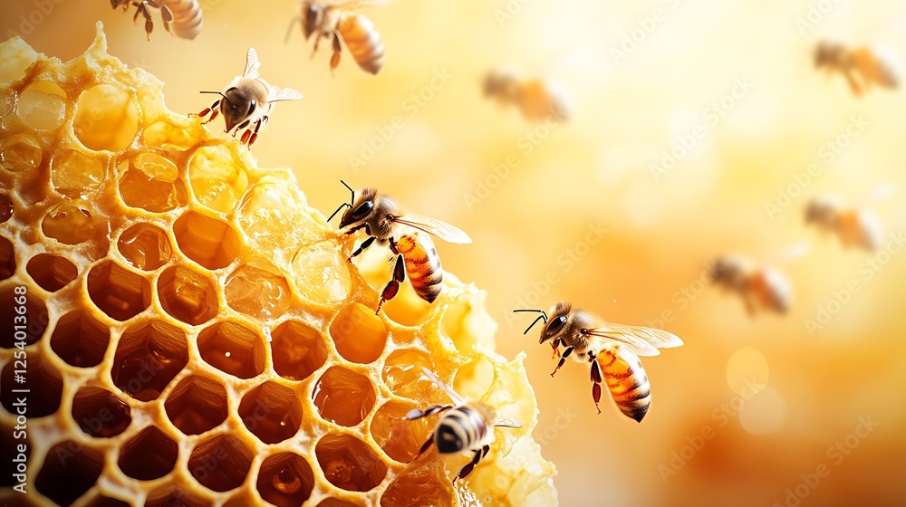 Poster honey bees busy extracting nectar from honeycomb cells in a vibrant beehive environment : generative