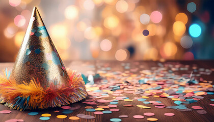 party hat with colourful confetti on a history