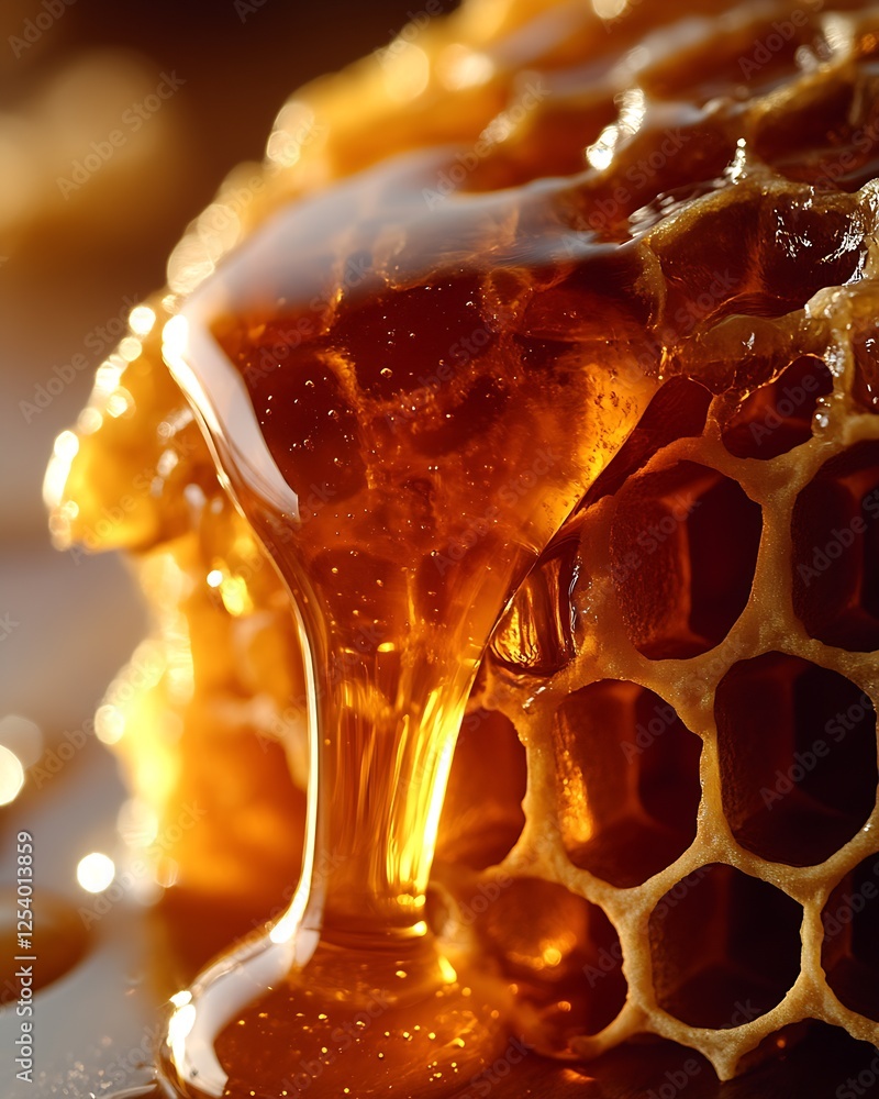 Poster close up of honey dripping from honeycomb with sparkling texture and warm light : generative ai