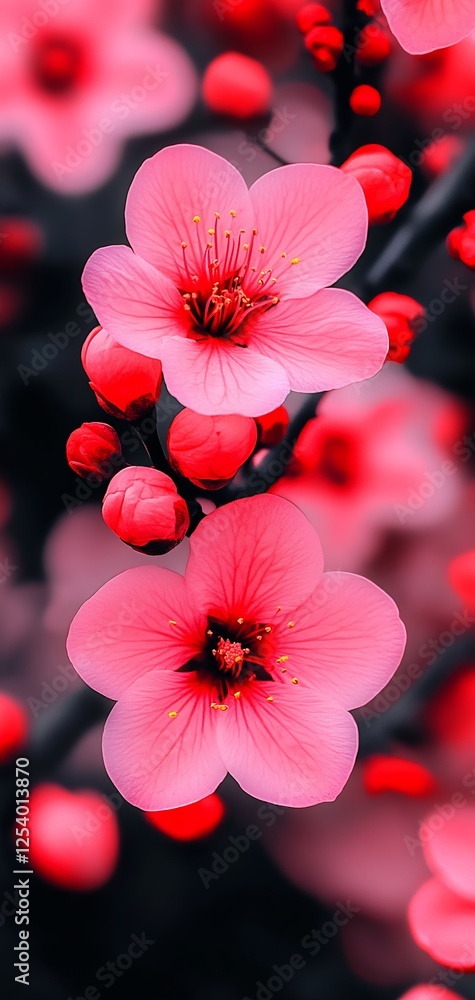 Poster elegant display of pink flowers alongside bright red buds presenting a stunning visual in a natural 