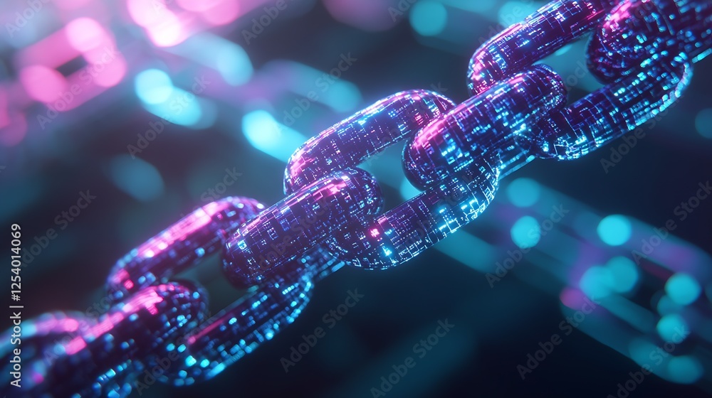 Poster intricate close-up view of a glowing digital link with vibrant neon light effects : generative ai