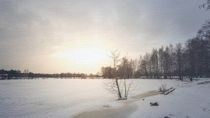 Naklejka premium Snowy landscape with a tree in the foreground