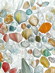 Seashells sea life pattern, multicolored, line seamless drawing, white background