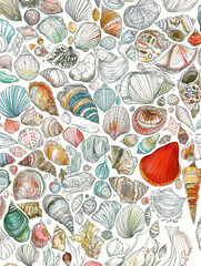 Seashells sea life pattern, multicolored, line seamless drawing, white background