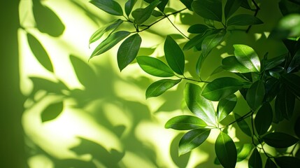 Obraz premium Sunlight filtering through lush green leaves casting shadows on a wall; ideal for nature or wellness themes