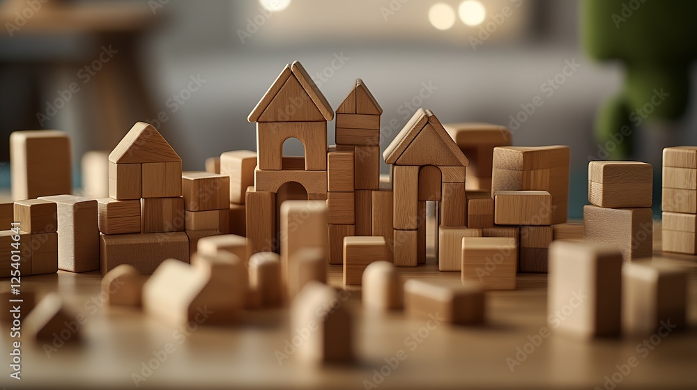 Poster colorful display of assorted wooden blocks forming houses and structures inviting imaginative play f