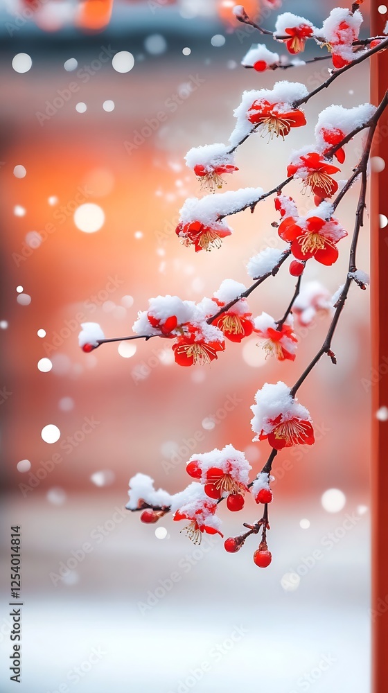 Poster charming winter scene with red flowering branches blanketed in snow and a dreamy background : genera