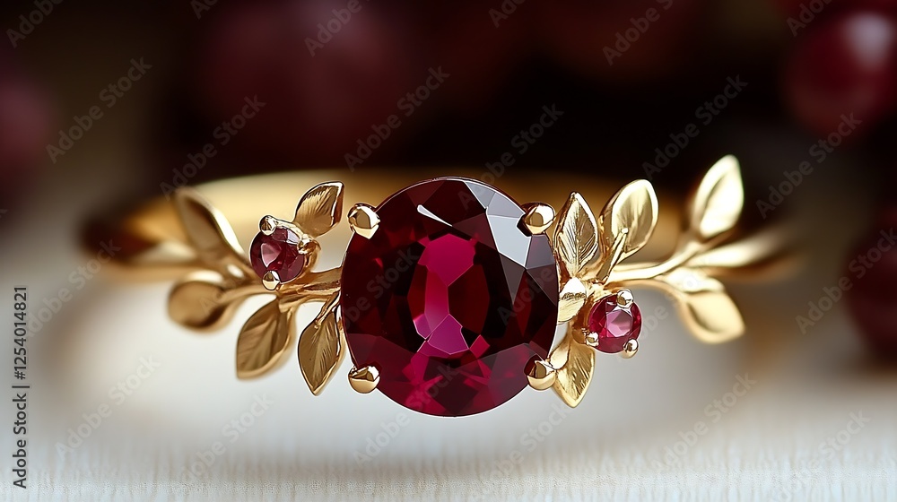 Poster elegant ruby ring featuring golden leaves and sparkling gemstones showcasing exquisite craftsmanship