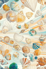 Seashells sea life pattern, multicolored, line seamless drawing