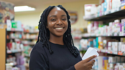 A smiling Black female pharmacist engages with a customer while holding a product in a well-stocked pharmacy