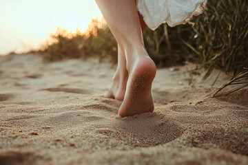 Woman's bare feet walking on sand on beach