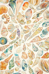 Seashells sea life pattern, multicolored, line seamless drawing, white background
