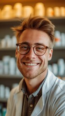 Obraz premium Friendly male pharmacist showcases joy while helping customers in a well-stocked pharmacy during the daytime