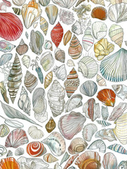 Seashells sea life pattern, multicolored, line seamless drawing, white background